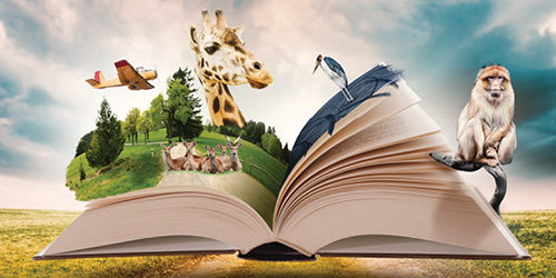 Book open with animals and landscape bursting out of it